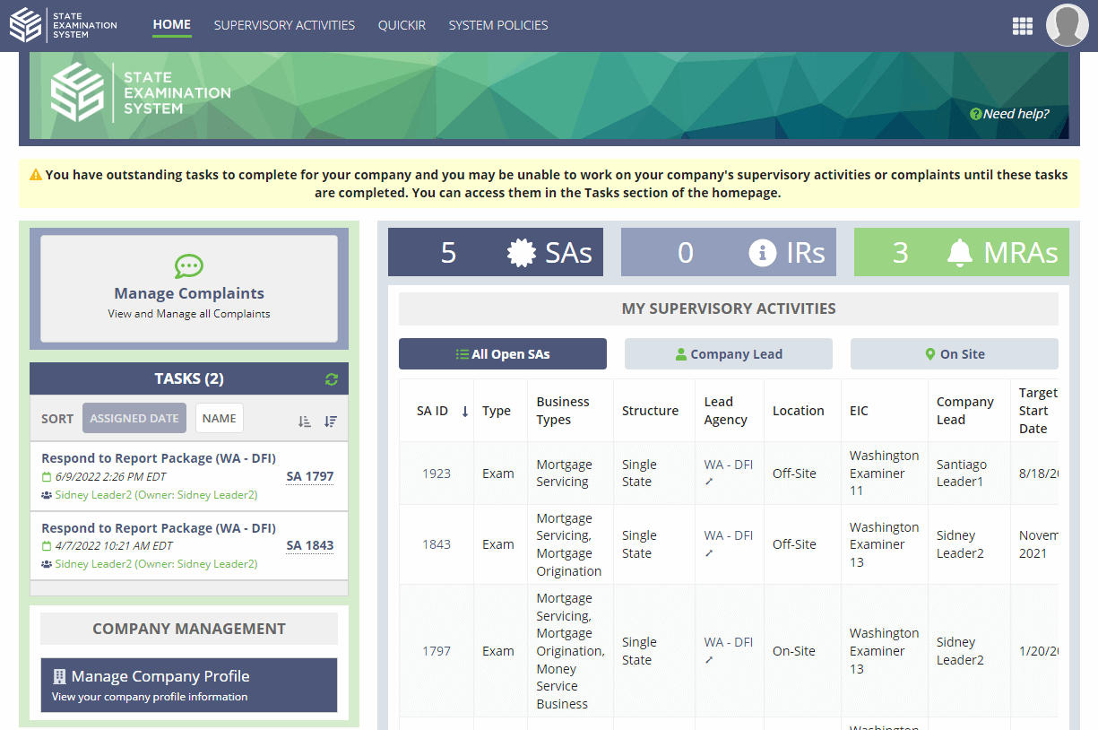 Company Lead view of the SES home page