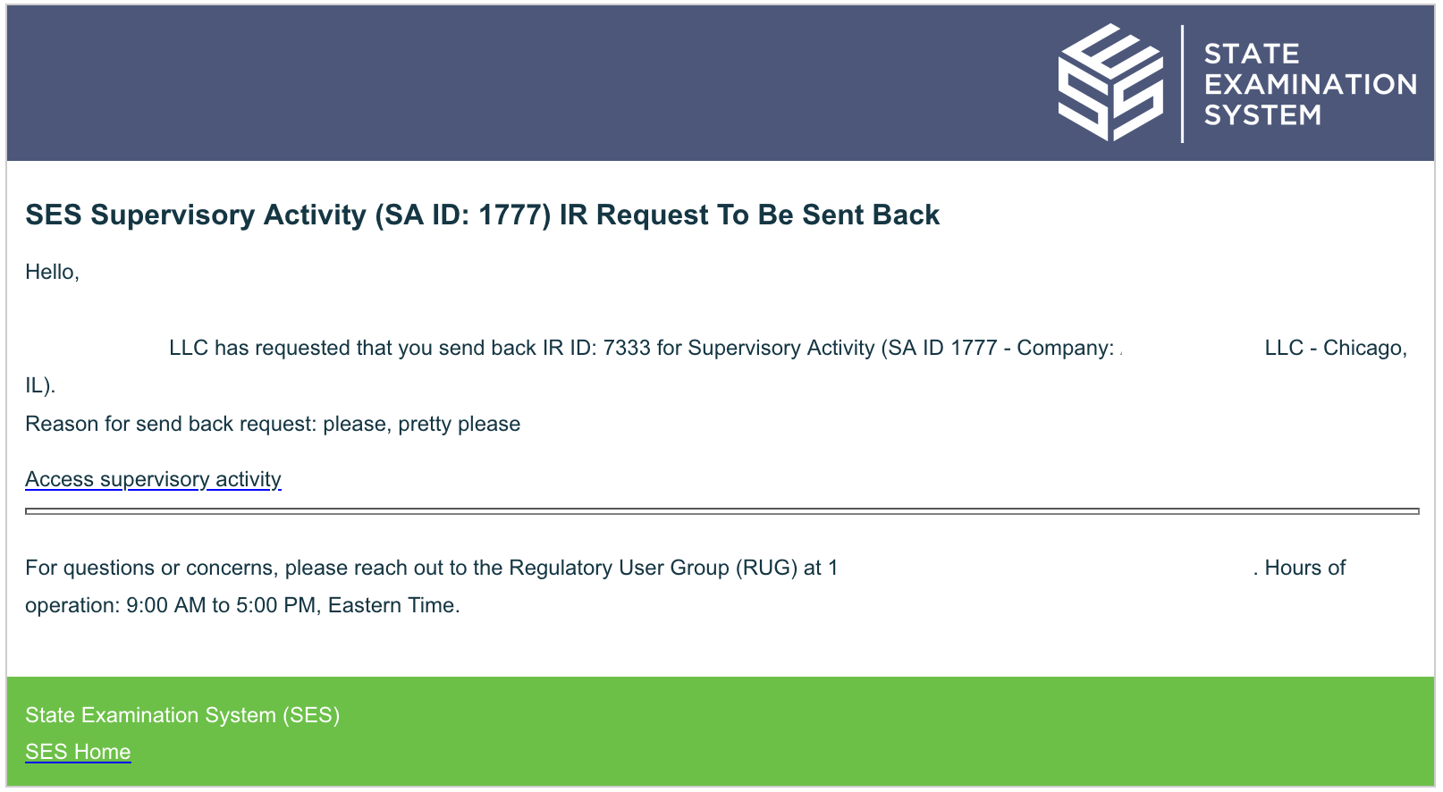 Email requesting IR to be sent back
