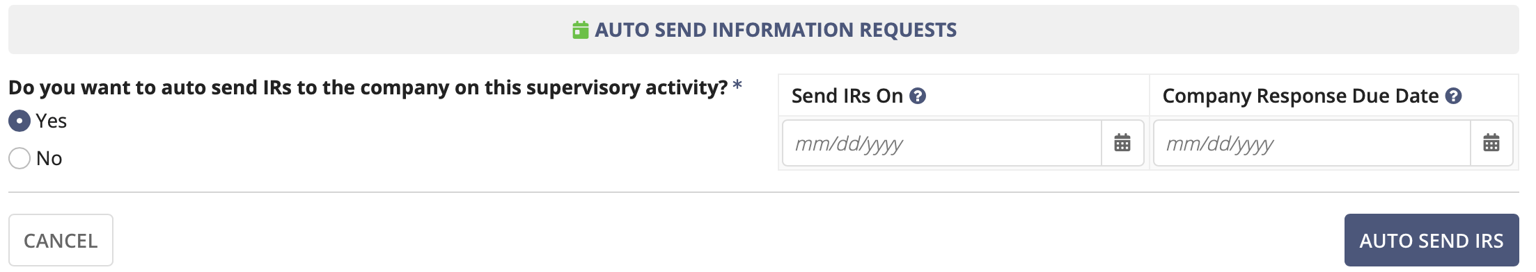 The Auto Send IRs dialog