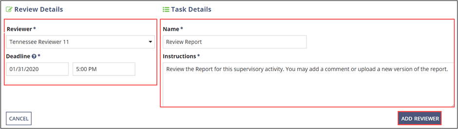 Add review and task details, then add the reviewer