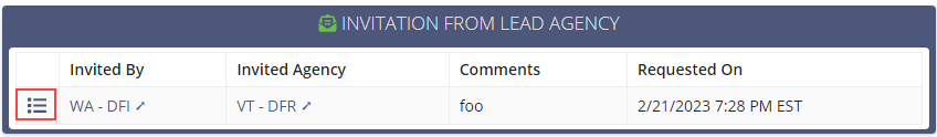 Screen capture showing the Invitation from Lead Agency pane.