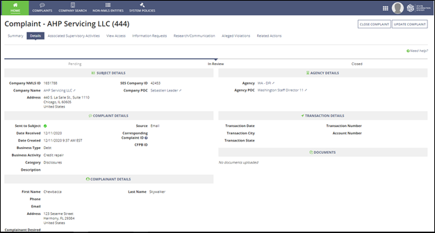 Click Related Actions on the Company Record, and select Create Complaint