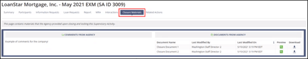 The Closure Materials tab becomes available after an SA has been closed and locked by the supervising agency.