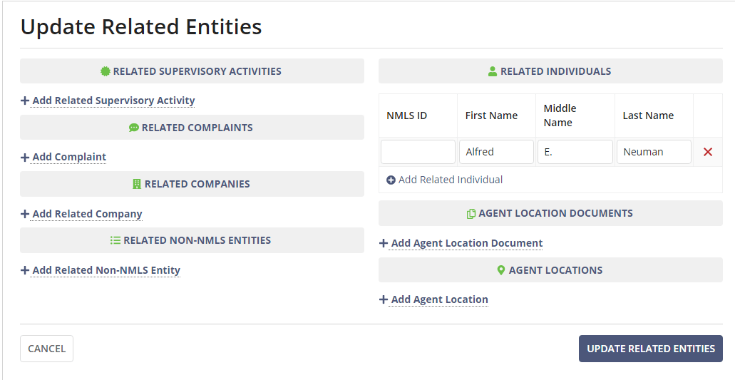 Example of the Update Related Entitites page.