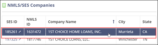 In the search results, click to select the row of the desired entity