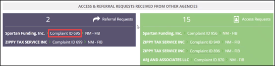 ID hyperlink for Referred Complaints shown on the Complaints home page