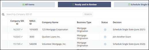 Exam Scheduling Screen showing Ready and In Review filter selected