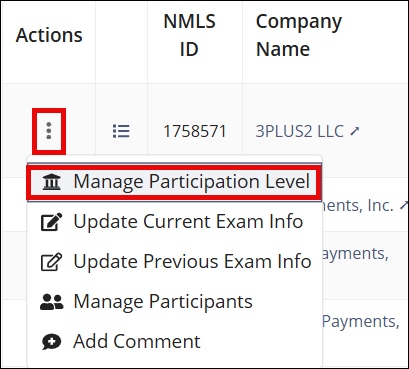 Manage participation level action menu option