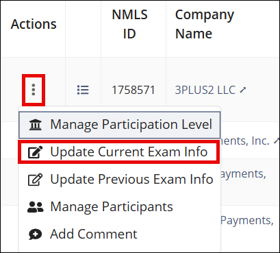 Update current exam info action menu option.