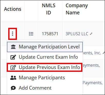 Update previous exam info action meny option.