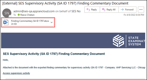 screen capture of an SES email with Word attachment containing exported commentary