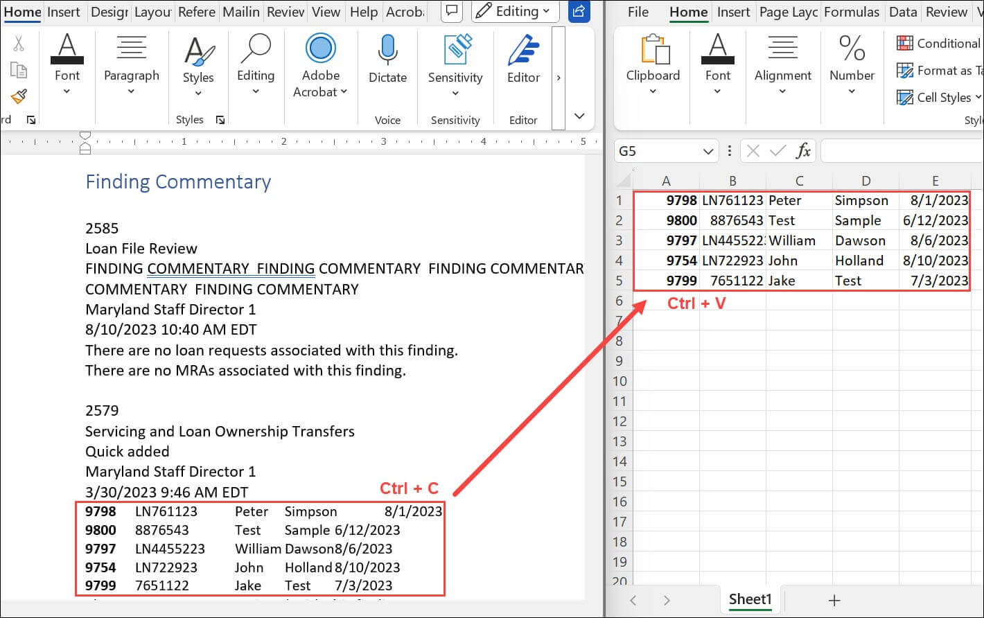 Copying and pasting loan request data from the finding commentary export document to Excel.