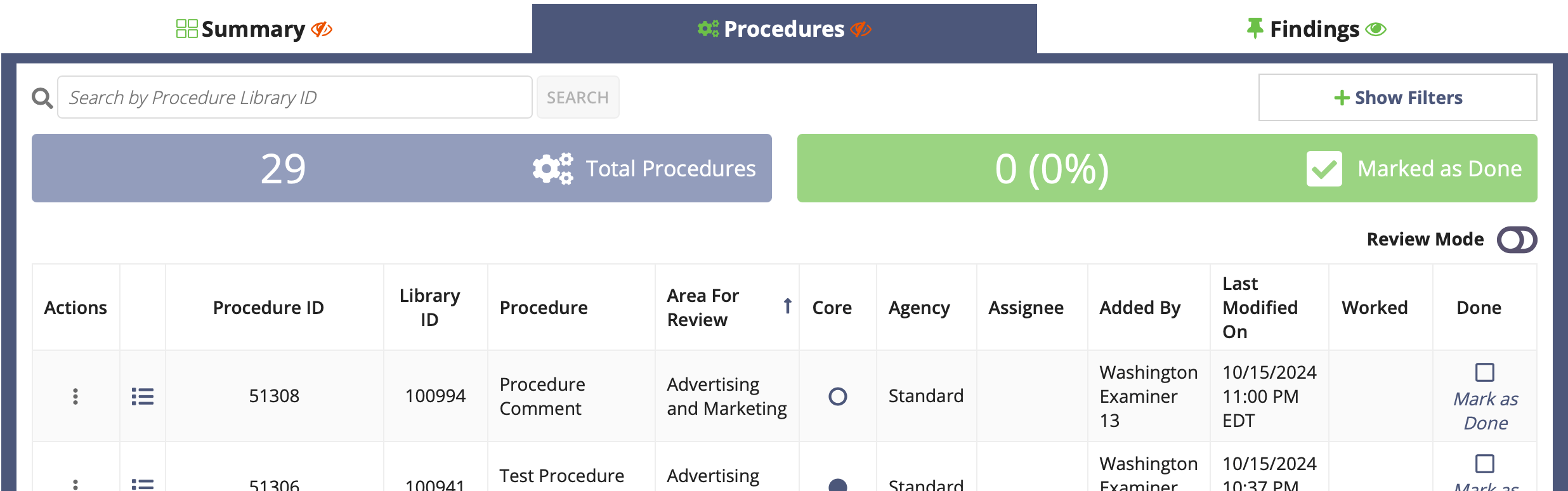 The Procedures tab on the Examination page