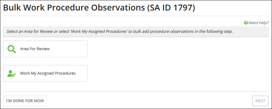 Bulk work procedure observations options.