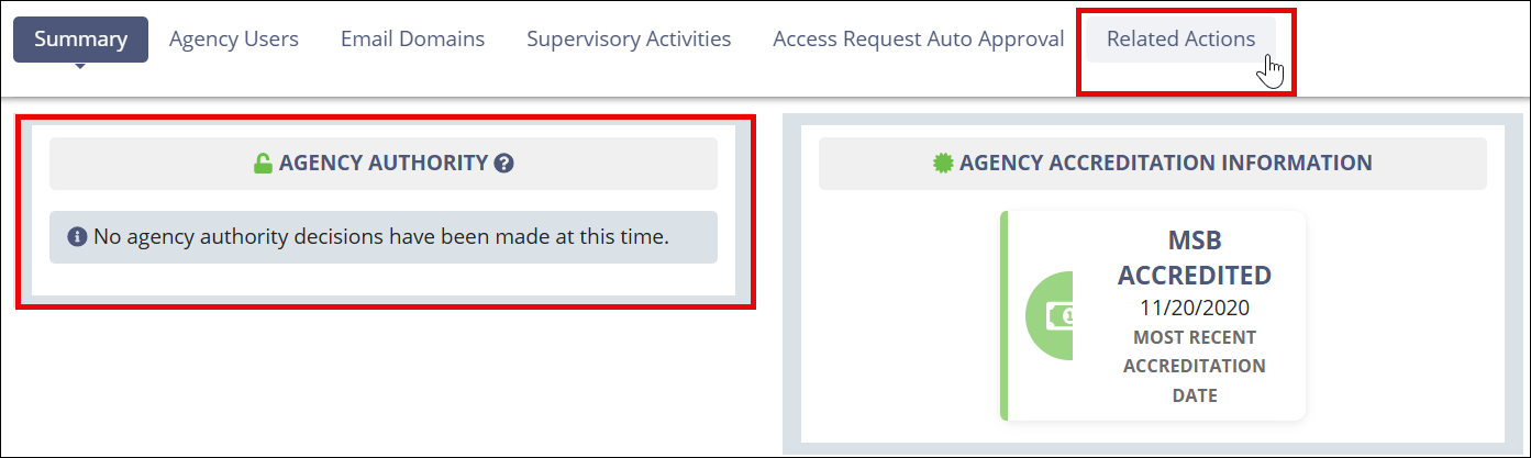 Agency profile related actions link.